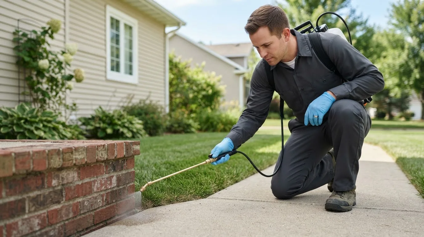 Pest control technician treating a home near Aydlett, NC